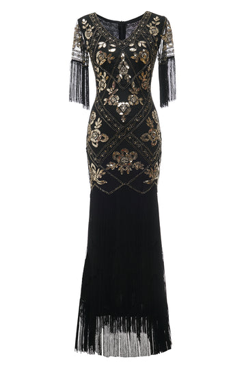 V Cuello Negro 1920s Vestido Con Lentejuelas y Flecos